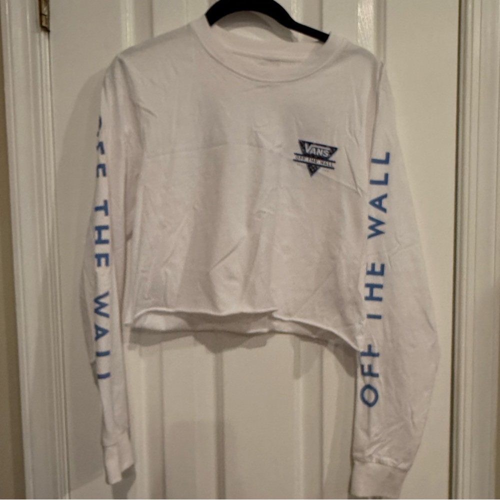 Vans White Cropped Long Sleeve Tee with Blue Sleeve Text- Small Women’s